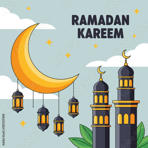 Ramadan Kareem illustration featuring crescent moon with hanging lanterns and mosque silhouettes on a blue sky background, ideal for Islamic greetings, banners, posters, social media, and festive desi