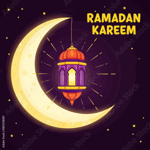 Ramadan Kareem illustration with glowing lantern hanging on crescent moon against dark night sky, featuring stars and warm light, perfect for Islamic greeting cards, banners, posters, and festive desi
