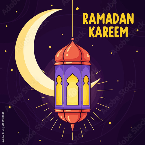 Ramadan Kareem illustration with glowing lantern hanging on crescent moon against dark night sky, featuring stars and warm light, perfect for Islamic greeting cards, banners, posters, and festive desi