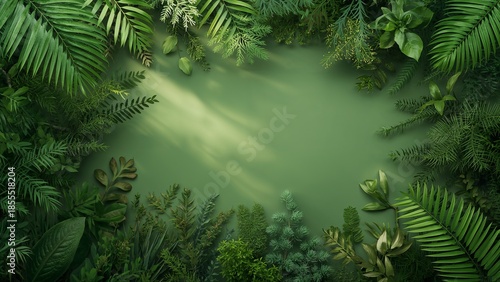 A lush tropical green leaf frame surrounding an empty center with soft sunlight. Ideal natural background for eco themes, wellness design, banners, presentations, and nature-inspired layouts.