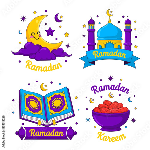 Colorful Ramadan icon set featuring crescent moon, mosque, Quran, and dates bowl, symbolizing Islamic faith, fasting, worship, and festive celebration of the holy month of Ramadan.