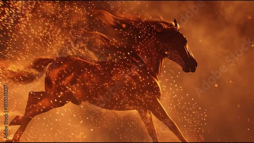 Dynamic fiery horse galloping through glowing embers and sparks in motion