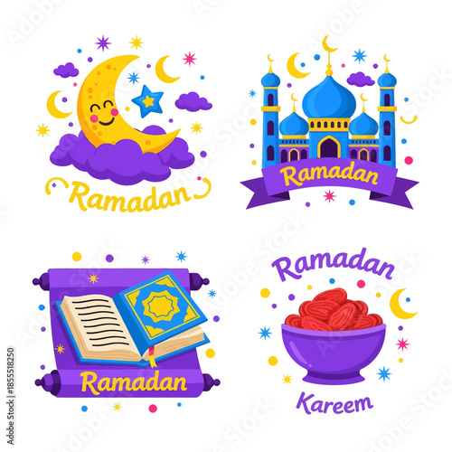 Colorful Ramadan icon set featuring crescent moon, mosque, Quran, and dates bowl, symbolizing Islamic faith, fasting, worship, and festive celebration of the holy month of Ramadan.