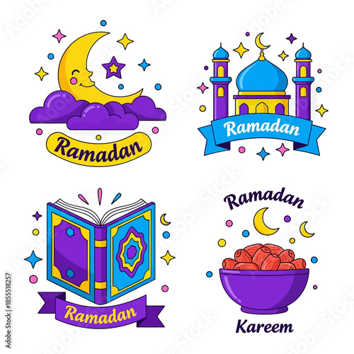 Colorful Ramadan icon set featuring crescent moon, mosque, Quran, and dates bowl, symbolizing Islamic faith, fasting, worship, and festive celebration of the holy month of Ramadan.