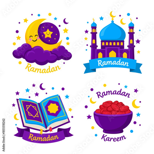Colorful Ramadan icon set featuring crescent moon, mosque, Quran, and dates bowl, symbolizing Islamic faith, fasting, worship, and festive celebration of the holy month of Ramadan.
