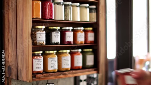 Organizing Spices: Person Arranging Jars in a Wooden Spice Rack at Home