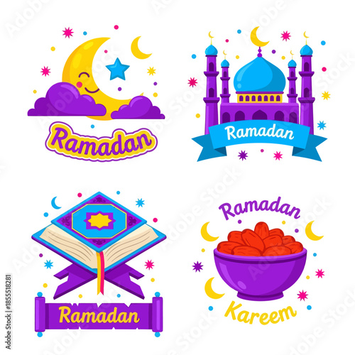 Colorful Ramadan icon set featuring crescent moon, mosque, Quran, and dates bowl, symbolizing Islamic faith, fasting, worship, and festive celebration of the holy month of Ramadan.