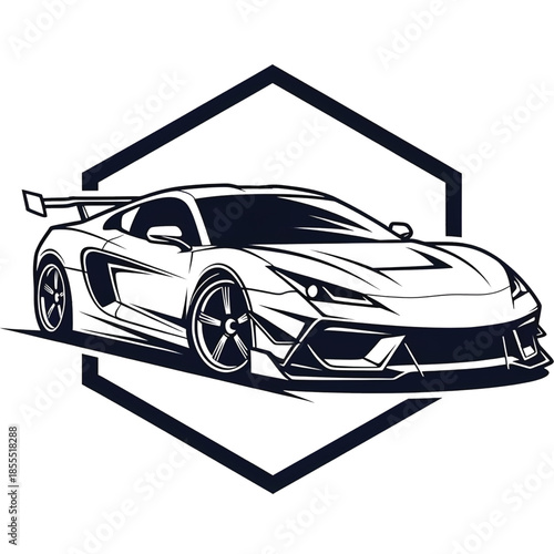 Sport car logo vector, aggressive supercar inside hexagon frame, sharp lines, dynamic style, modern emblem