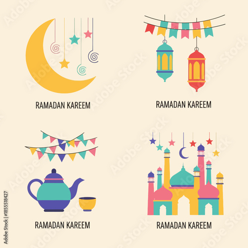 Ramadan Kareem greeting card set with crescent moon, lanterns, mosque, tea pot and festive bunting in colorful flat illustration style for Islamic holiday, social media, banner, and poster.
