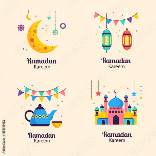 Ramadan Kareem greeting card set with crescent moon, lanterns, mosque, tea pot and festive bunting in colorful flat illustration style for Islamic holiday, social media, banner, and poster.