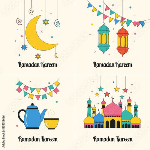 Ramadan Kareem greeting card set with crescent moon, lanterns, mosque, tea pot and festive bunting in colorful flat illustration style for Islamic holiday, social media, banner, and poster.
