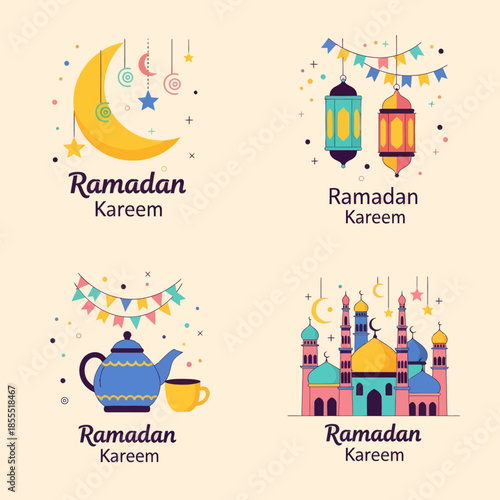 Ramadan Kareem greeting card set with crescent moon, lanterns, mosque, tea pot and festive bunting in colorful flat illustration style for Islamic holiday, social media, banner, and poster.