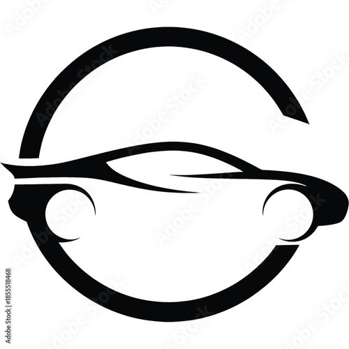 Modern abstract car logo, stylized car shape inside circular frame, negative space vector design