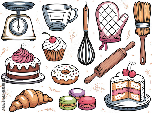Baking tools and sweet treats on white background sweets