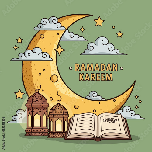 Ramadan Kareem illustration with crescent moon, glowing lanterns and open Quran on a soft green background, ideal for Islamic holiday greeting, poster, banner, and social media design.
