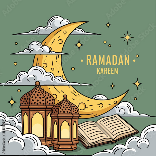 Ramadan Kareem illustration with crescent moon, glowing lanterns and open Quran on a soft green background, ideal for Islamic holiday greeting, poster, banner, and social media design.