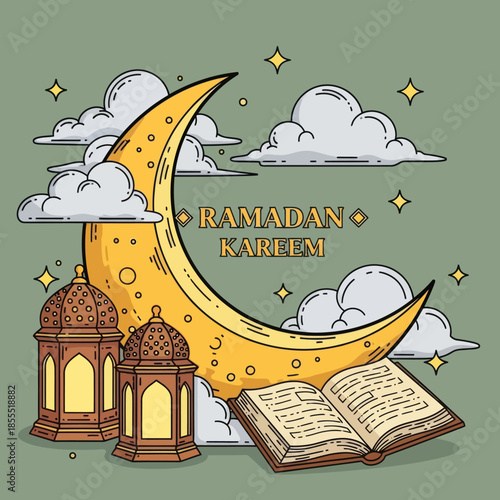 Ramadan Kareem illustration with crescent moon, glowing lanterns and open Quran on a soft green background, ideal for Islamic holiday greeting, poster, banner, and social media design.