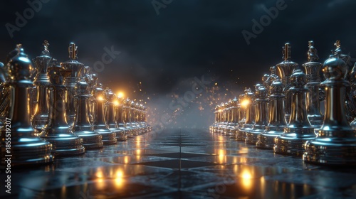 a chessboard extending into the distance under a dark, moody sky. Large, highly detailed metallic chess pieces (kings, queens, bishops, knights, and pawns) stand facing each other in perfect alignment