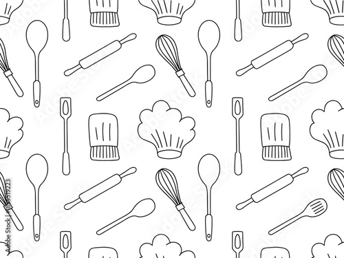 Black and white kitchen utensils and chef hats pattern