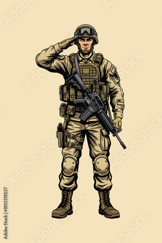 Modern Armed Soldier Military Illustration, Tactical Infantry Character with Rifle in Combat Gear