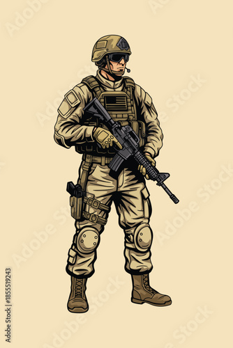 Modern Armed Soldier Military Illustration, Tactical Infantry Character with Rifle in Combat Gear