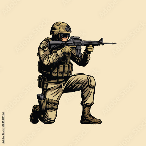 Modern Armed Soldier Military Illustration, Tactical Infantry Character with Rifle in Combat Gear