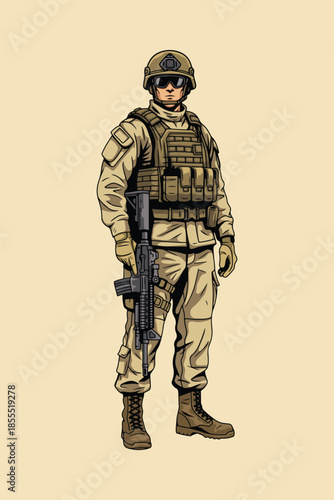 Modern Armed Soldier Military Illustration, Tactical Infantry Character with Rifle in Combat Gear