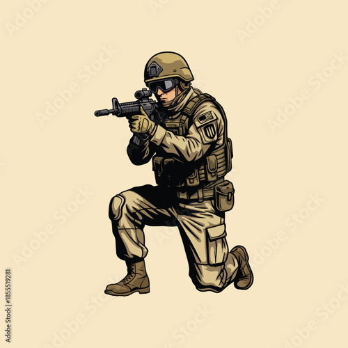 Modern Armed Soldier Military Illustration, Tactical Infantry Character with Rifle in Combat Gear
