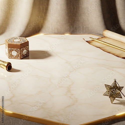 Elegant vintage desk setup with ornate box, quill pen, and scroll, illuminated by warm light