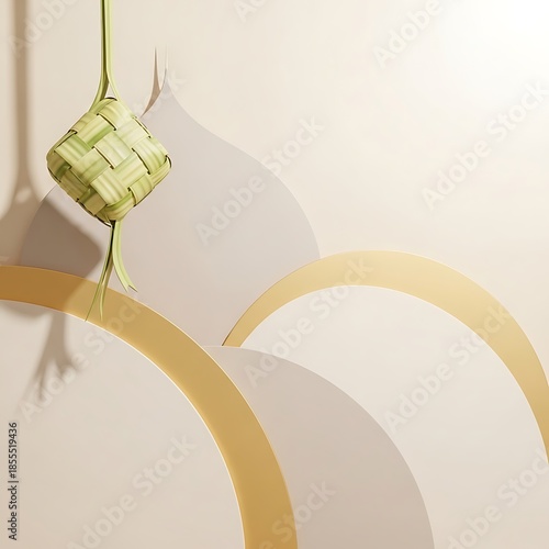 Elegant Ketupat, a Symbol of Eid Celebration, Crafted from Woven Palm Leaves, Artfully Displayed with Golden Accents on a Serene Minimalist Background