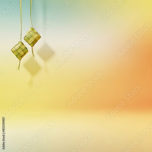 Vibrant display of traditional woven ketupat decorations, symbolizing cultural heritage and the festive spirit of Eid celebrations, set against a softly blurred, warm gradient background