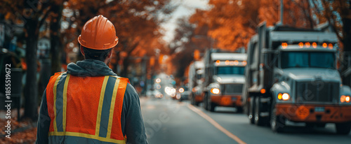 Construction worker wearing an orange safety vest and helmet overseeing traffic on a busy road during autumn