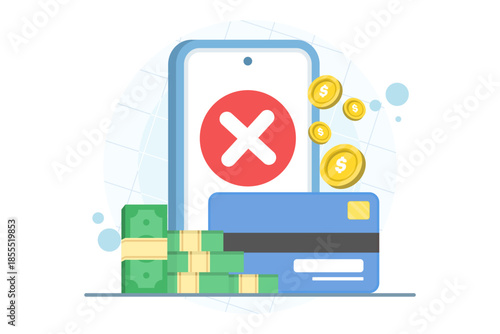 Payment error information message sent via mobile phone. Vector illustration for transaction failure alert, mobile payment issues, and fintech notification.