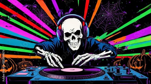 Skeleton DJ spinning vinyl at a vibrant Halloween party with colorful lights