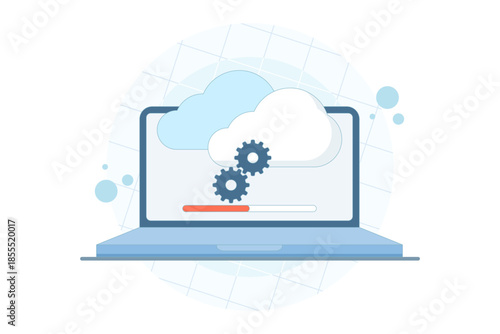 Cloud update concept with gears and loading icon. Vector illustration for cloud computing, system update, data processing, and technology maintenance.