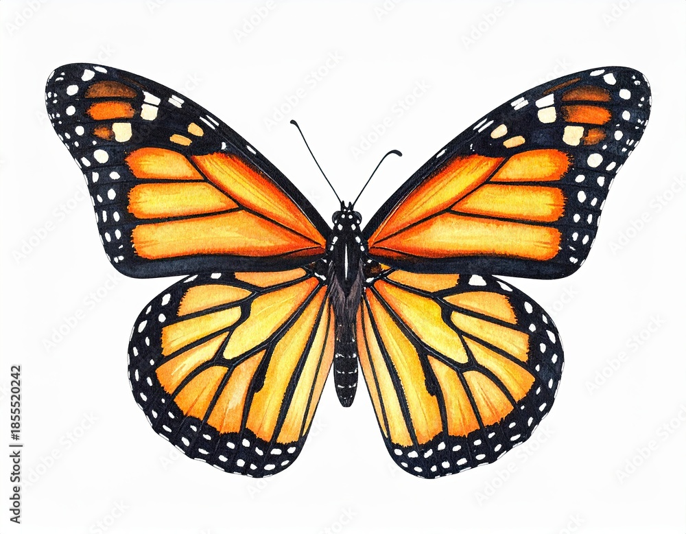 Obraz premium Watercolor style of A beautiful Monarch butterfly with vibrant orange and black wings, showcasing its stunning patterns against a white background.