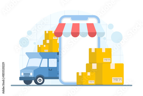 Parcel delivery van with cardboard boxes and smartphone app concept. Vector illustration for fast delivery service, logistics tracking, and mobile shipping.