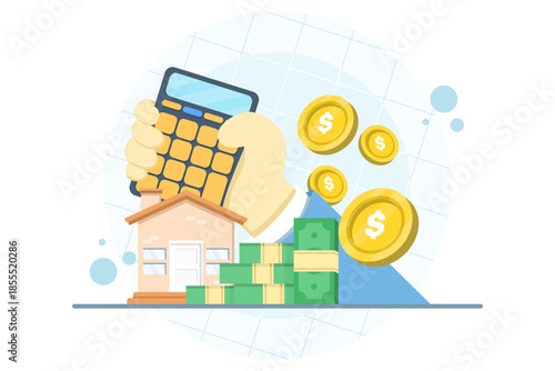 Hand holding calculator and house concept. Flat vector illustration for property investment cost calculation, housing budget planning, and real estate finance.