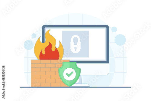 Illustration of firewall and network security protecting data and systems. Cybersecurity concept with secure network, data protection, and defense against cyber threats.