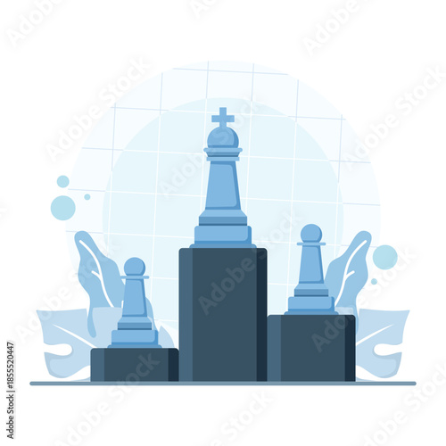 Business leader concept with chess king and pawns on winners podium. Symbol of leadership, first place, strategy, success, and management. Flat vector illustration.