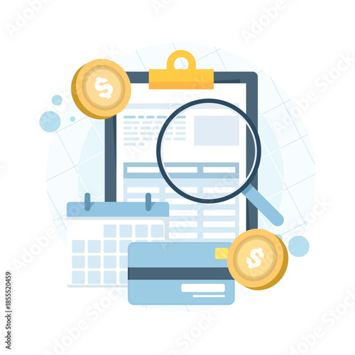 Tax calendar background with tax report, payment card, calendar, and coins. Vector illustration for tax payments, financial planning, and accounting concepts.