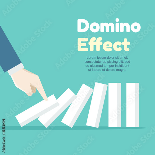Business domino effect concept illustrating chain reaction and intervention. Vector illustration for risk management, prevention, and strategic solutions.
