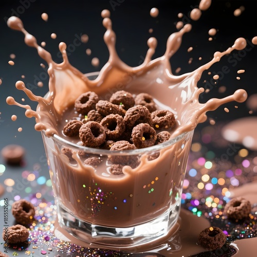 4k high quality Ai generative HD photo realistic menu selling organic food wheat grains corn cereal milk background splash exploding fruit loops Breakfast chocolate glitter disco closeup bowl