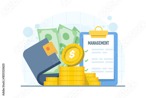 Money management concept illustration with wallet, cash, and paper document on isolated background. Ideal for finance, budgeting, financial planning, and digital marketing projects.