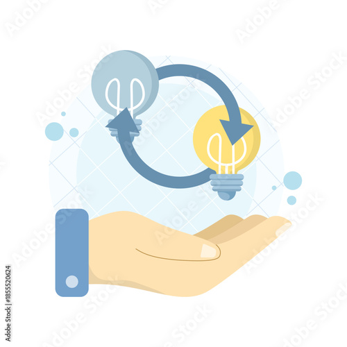 Brainstorming and idea sharing illustration showing knowledge exchange and a glowing light bulb. Suitable for creativity, teamwork, innovation, and modern flat vector design.