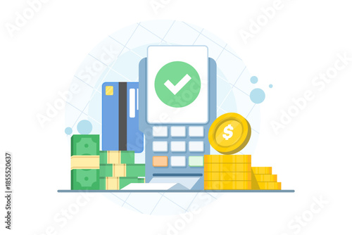 Money management concept illustration with card swipe machine, cash, and world on isolated background. Ideal for digital payments, global finance, fintech, and digital marketing projects.