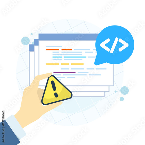 Quality control problem illustration showing warning sign and software code errors. Suitable for software testing, bug detection, failed code review, and flat vector design.