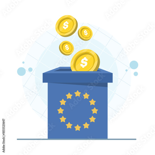 Charity fundraising illustration showing dollar coins falling into a box with EU symbol. Represents generosity, donation, financial aid, and modern flat vector design.