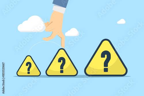 Question concept illustration showing jump from small to large question mark. Suitable for problem solving, decision making, uncertainty, and modern flat vector design.