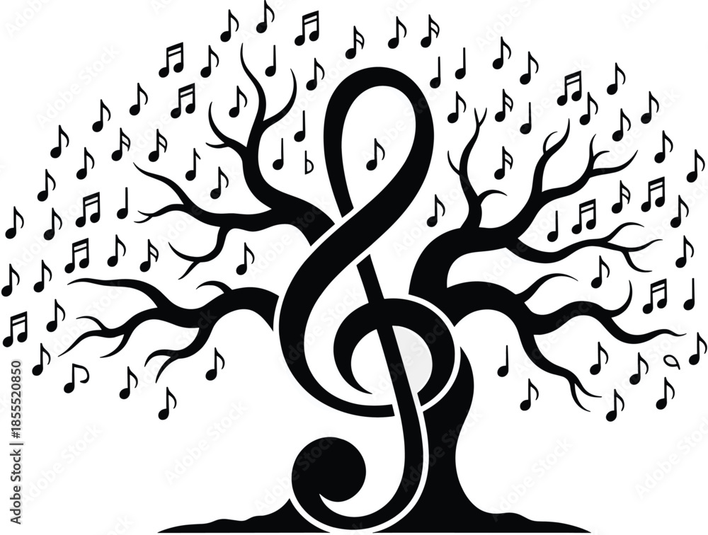 Fototapeta premium Black treble clef tree with musical notes black and white